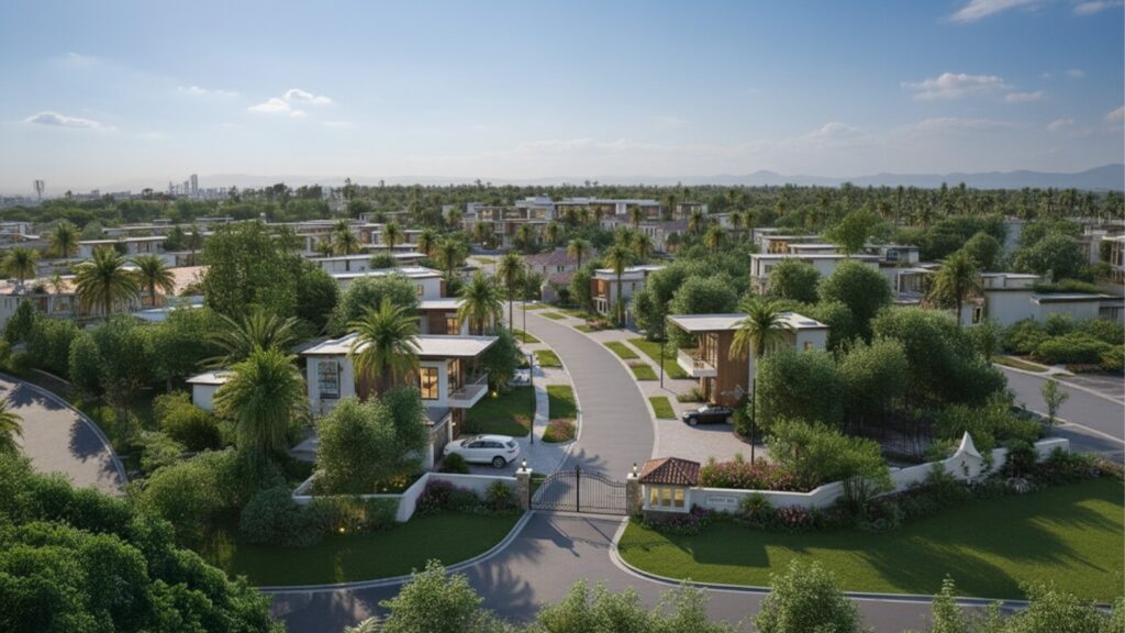 Aerial view of a well-planned gated community in India with modern amenities