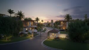 Luxury gated communities in India at sunset featuring modern villas, landscaped gardens, and secure entry gate.