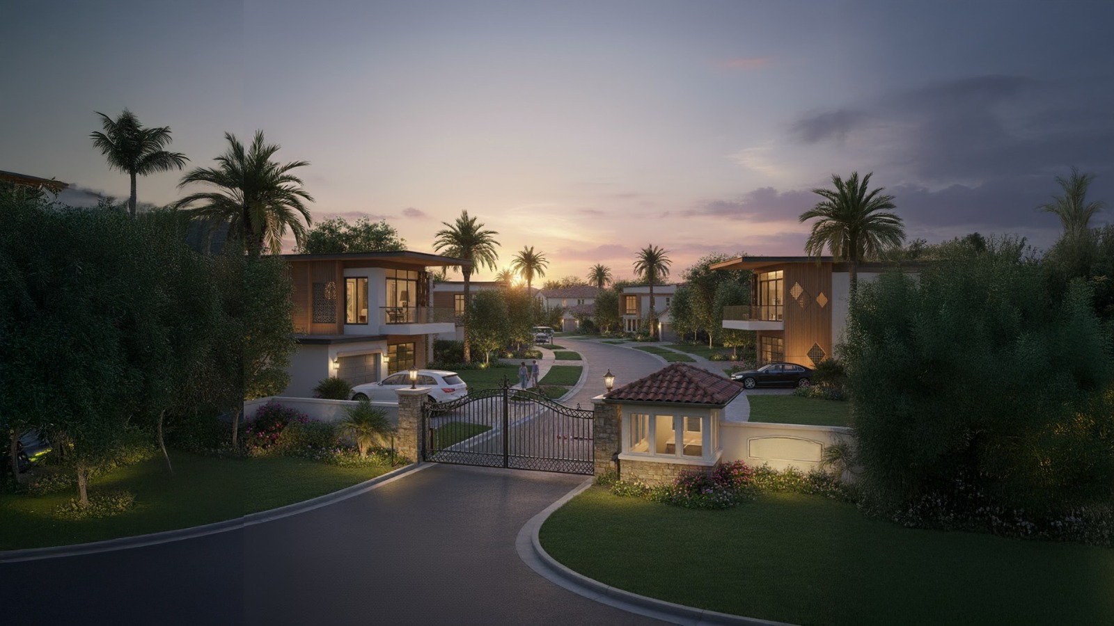 Luxury gated communities in India at sunset featuring modern villas, landscaped gardens, and secure entry gate.