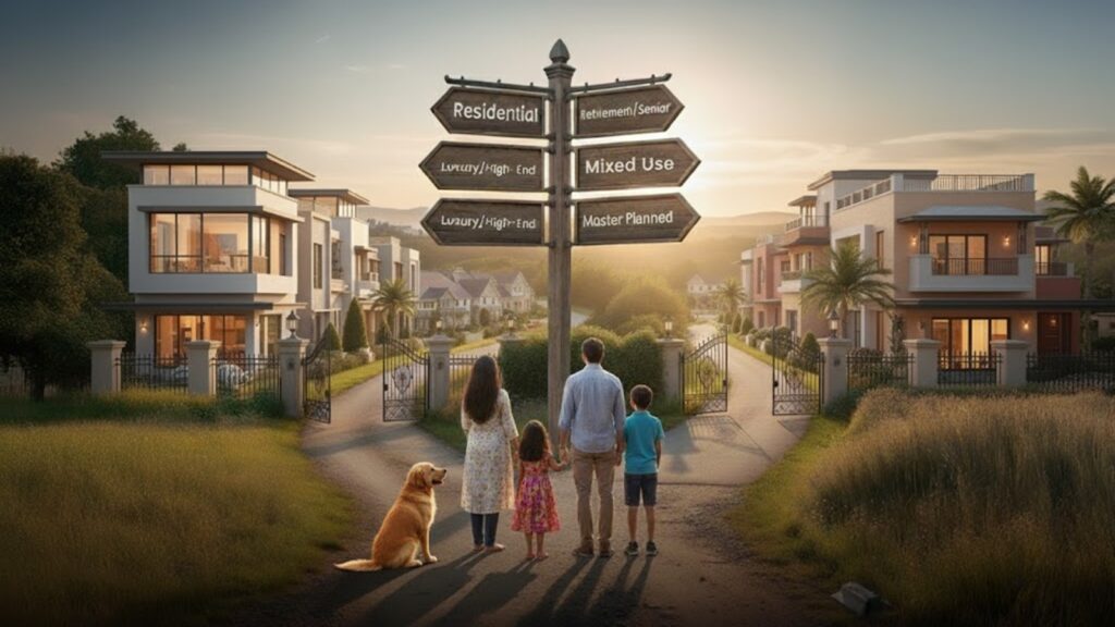 A family standing at the entrance of a modern gated community in India, choosing between residential, luxury, and mixed-use housing options under a sunset sky.