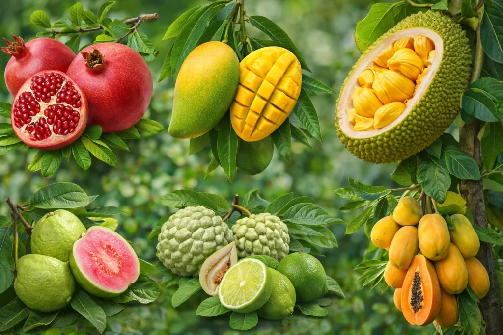 All fruits like Promogrante, mango, jackfruit, guava,seethapaul,papaya