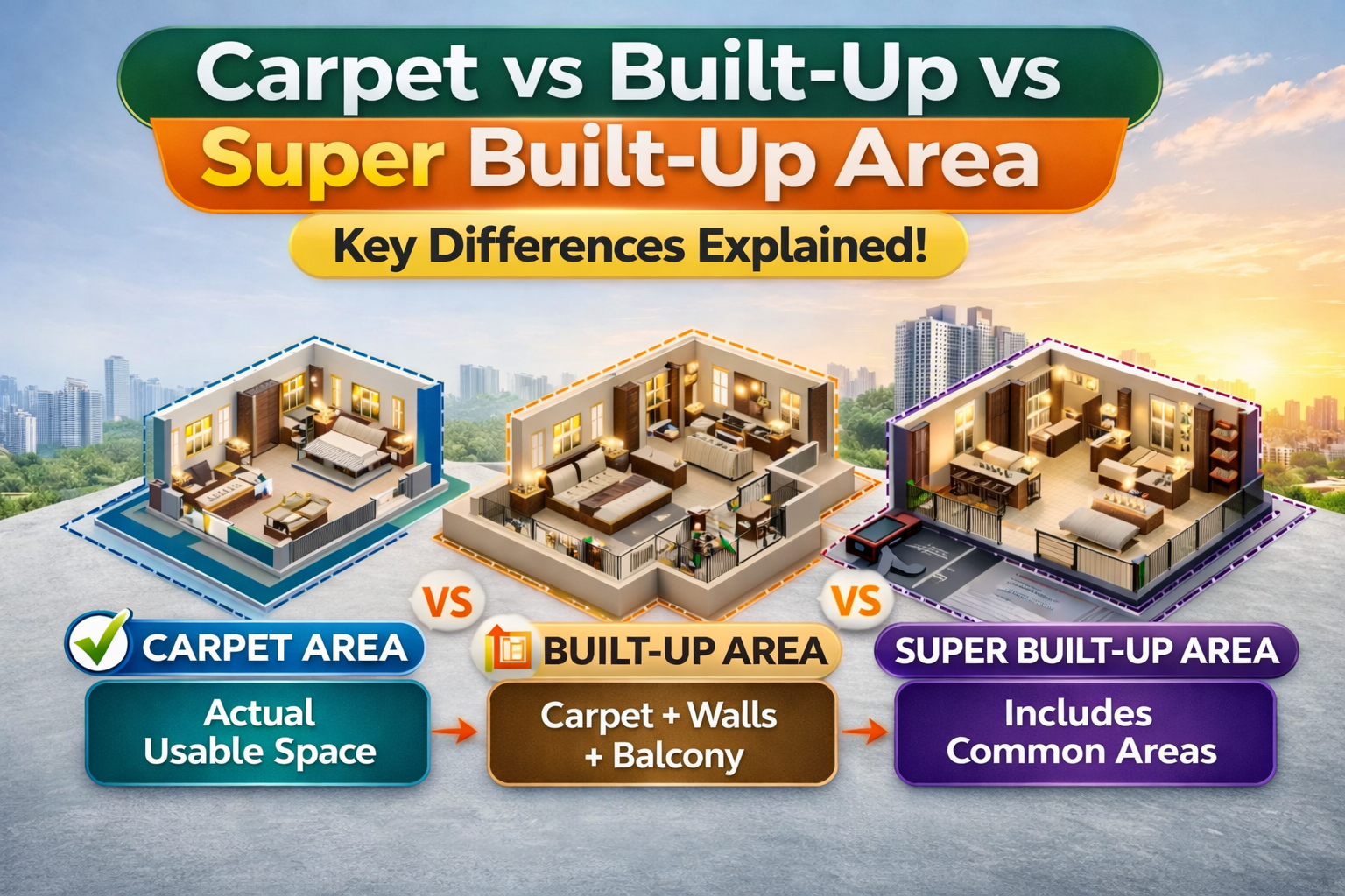 Carpet area, built-up, and super built-up areas explained