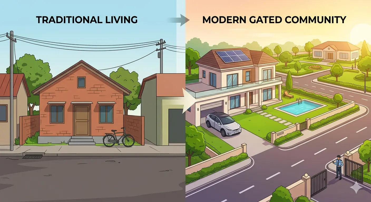 A split-screen illustration contrasting a traditional standalone house on the left with a modern gated villa community on the right, highlighting the shift toward premium lifestyle amenities in Kurnool.