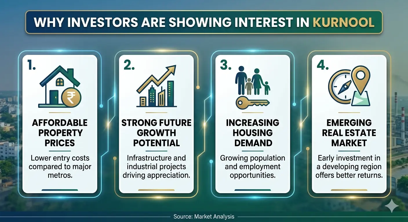 A clean infographic summarizing four key reasons for real estate investment in Kurnool: 1. Affordable Property Prices, 2. Strong Future Growth Potential, 3. Increasing Housing Demand, and 4. Emerging Real Estate Market.