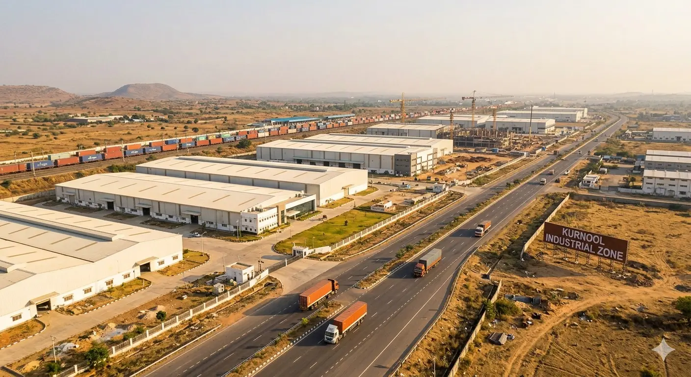 An aerial photograph of the bustling Kurnool industrial corridor, showing large manufacturing plants, logistics warehouses, a multi-lane highway with semi-trucks, and a freight railway line.