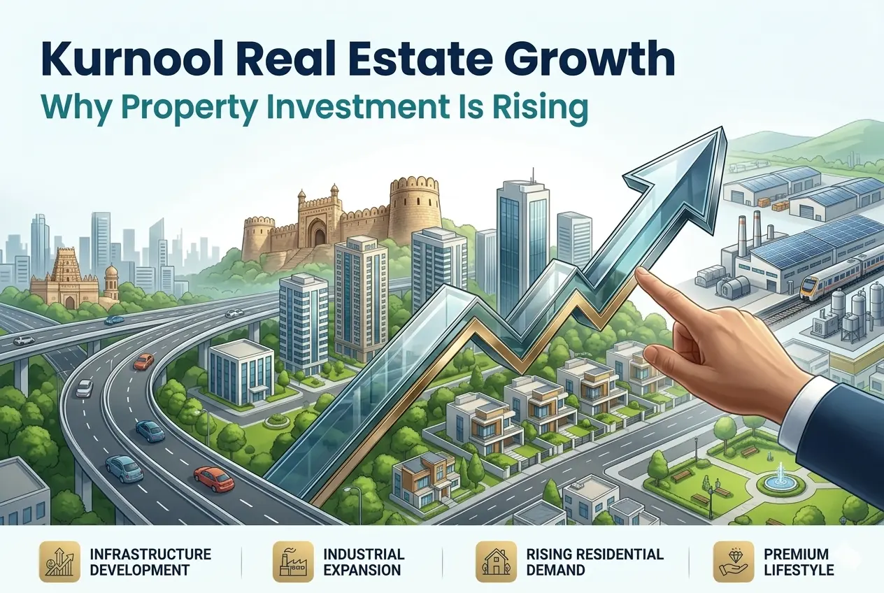 An illustrative banner showing Kurnool real estate growth with the title 'Why Property Investment Is Rising,' featuring landmarks like Kondareddy Buruju, high-rise buildings, a highway flyover, an industrial zone, and modern villas, with a rising growth arrow.