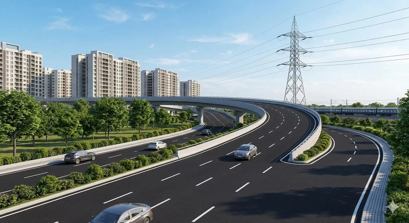 A professional wide-angle photograph of a modern multi-lane highway flyover curving through a developing urban landscape in Kurnool, India, with new high-rise residential buildings under a bright sky.